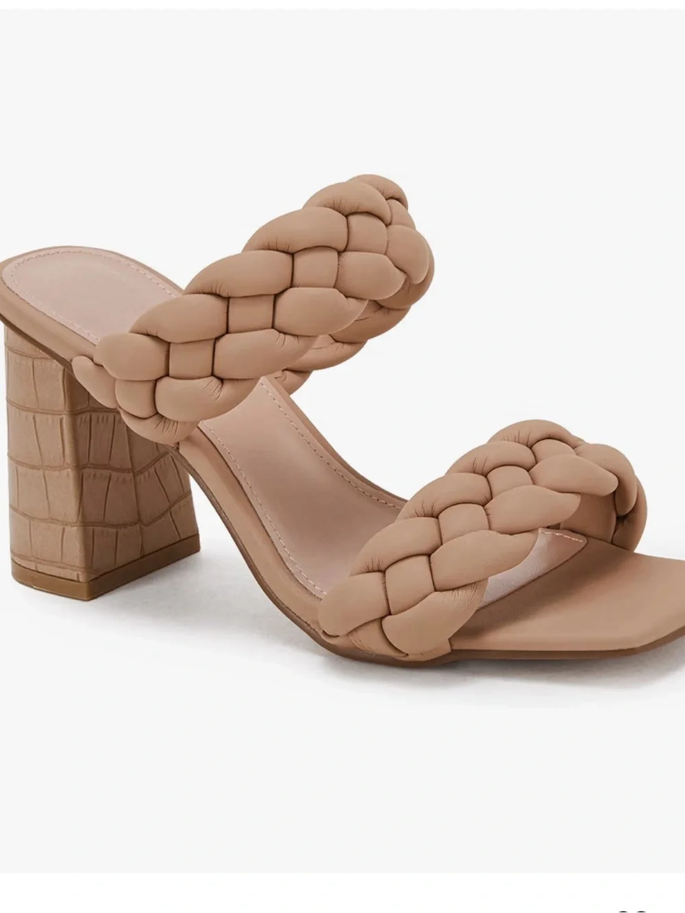 Khaki Braided Double-Strap Women's Slide Heel Sandals in Beige
